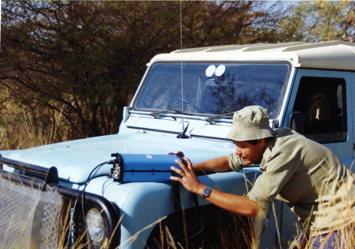 Walter Volkmann using GPS for the first time in Namibian surveying