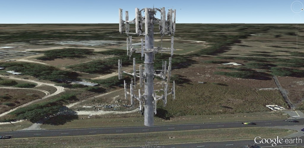 3D model of a cell phone tower antenna cluster rendered in Google Earth, created from UAV imagery taken by Micro Aerial Projects during a cell phone tower inspection