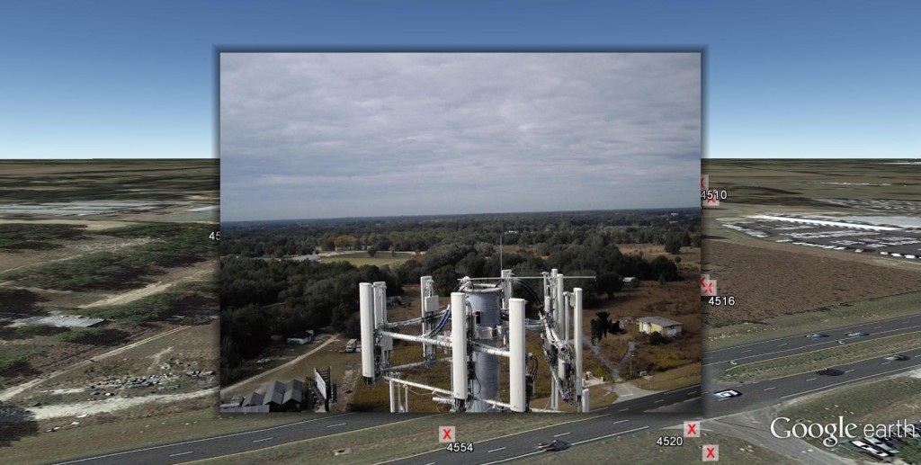 UAV image of a cell phone tower antenna cluster taken by Micro Aerial Projects, then rendered in first person view and georeferenced on Google Earth
