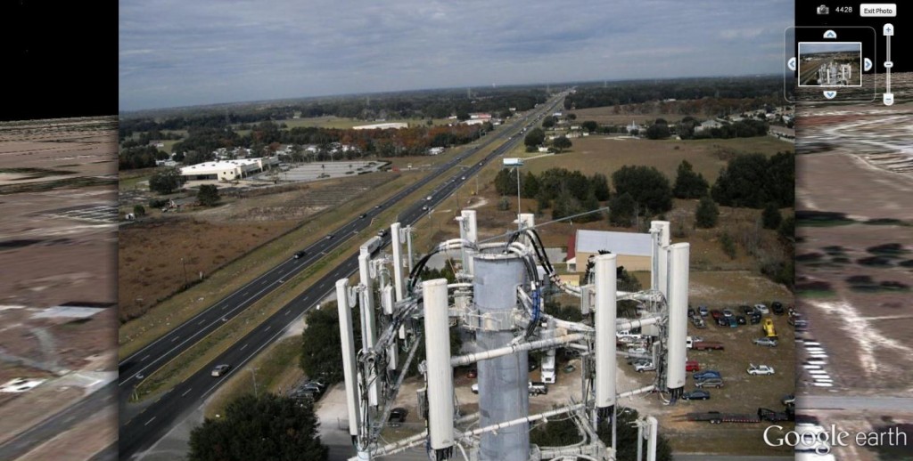 georeferenced photo of a cell phone tower antenna cluster taken by Micro Aerial Projects with a UAV then rendered on Google Earth